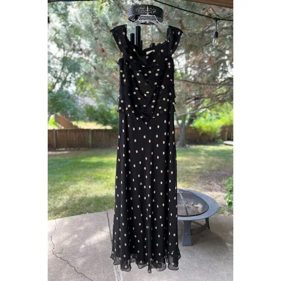 Vintage 90s hetta B Maxi Dress Sz 12 100% Silk Polka Dot Black White Sleeveless - Picture 4 of 13